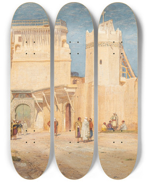 Triptych art skateboard deck of Samuel Colman Afternoon Conversations by Samuel Colman (1832-1920)