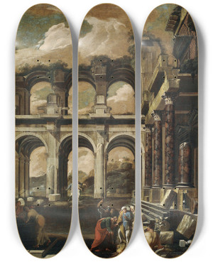 Triptych art skateboard deck of Viviano Codazzi A Capriccio Of The Internal Courtyard Of A Ruined Palace With The Miracle Of Saint Paul by Viviano Codazzi (1604-1670)