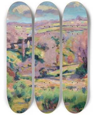Triptych art skateboard deck of Armand Guillaumin Paysage De La Creuse Au Printemps by Armand Guillaumin (1841-1927)