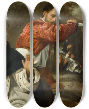 Triptych art skateboard deck of Giovanni Girolamo Savoldo The Death Of St Peter Martyr by Giovanni Girolamo Savoldo (1485-1548)