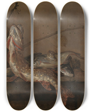 Triptych art skateboard deck of Pieter Van Noort Still Life With Fish_1 by Pieter Van Noort (1622-1672)