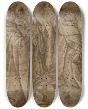 Triptych art skateboard deck of Sante Creara De Fochegioli Skt Dominicus Skt Katarina Af Siena Og En Gruppe Andre Helgener by Sante Creara De Fochegioli