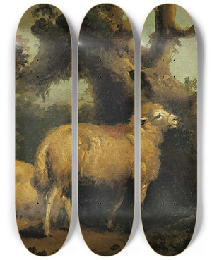 Triptych art skateboard deck of George Morland Two Sheep In A Landscape by George Morland (1763-1804)
