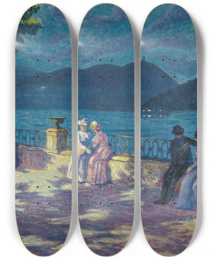Triptych art skateboard deck of Daro De Regoyos The Concha Nighttime by Daro de Regoyos (1857-1913)