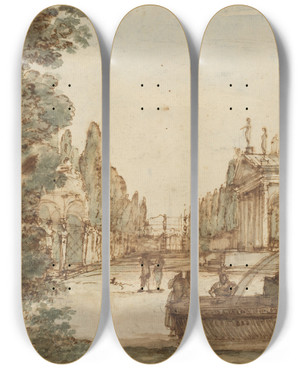 Triptych art skateboard deck of Mauro Antonio Tesi Capriccio With A Palladian Villa by Mauro Antonio Tesi (1730-1766)
