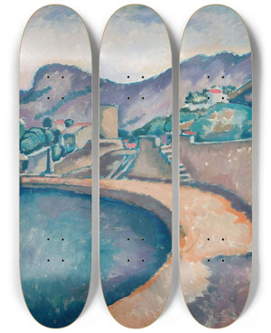 Triptych art skateboard deck of Eugeniusz Zak Landscape From The Southern Coast by Eugeniusz Zak (1884-1926)