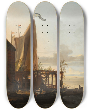 Triptych art skateboard deck of Ludolf Bakhuysen Small Harbour Near A Tavern by Ludolf Backhuysen (1630-1708)