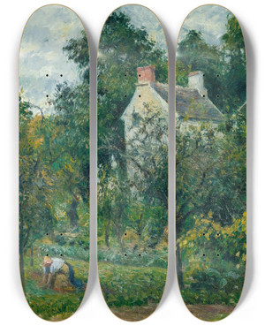 Triptych art skateboard deck of Camille Pissarro La Maison Rondest Et Son Jardin Lhermitage Pontoise by Camille Pissarro (1830-1903)