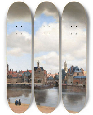 Triptych art skateboard deck of Johannes Vermeer View Of Delft by Johannes Vermeer (1632-1675)