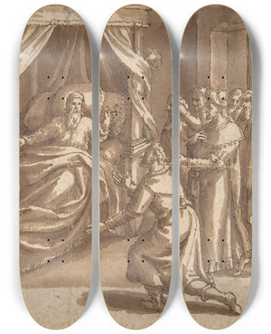 Triptych art skateboard deck of Adam Van Noort Jacob Blessing His Sons by Adam Van Noort (1561-1641)