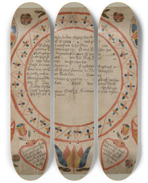 Triptych art skateboard deck of Albert Levone Pa German Fraktur by Albert Levone (20-)