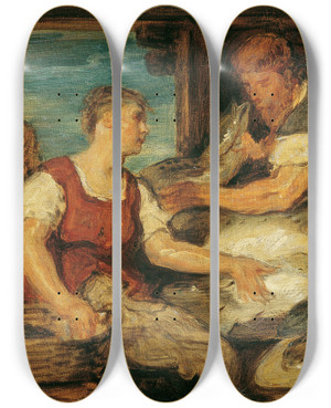 Triptych art skateboard deck of Hans Canon Die Fischverkuferin by Hans Canon (1829-1885)
