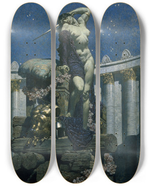 Triptych art skateboard deck of Alexander Rothaug Dido At The Stake by Alexander Rothaug (1870-1946)