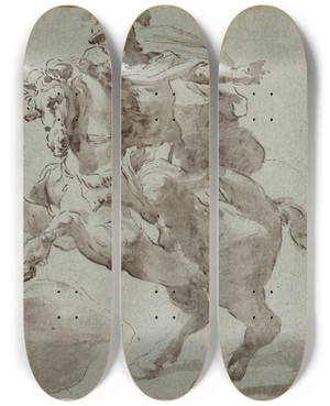 Triptych art skateboard deck of Giovanni Battista Trotti Marcus Curtius Kaster Sig Med Sin Hest I Klften by Giovanni Battista Trotti (1555-1612)