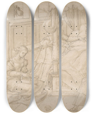 Triptych art skateboard deck of Circle Of Jan Swart Van Groningen St Nicholas And The Three Daughters Of The Poor Gentleman by Circle Of Jan Swart Van Groningen (1500-1553)