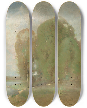 Triptych art skateboard deck of Emil Carlsen Meadow Brook by Emil Carlsen (1848-1932)