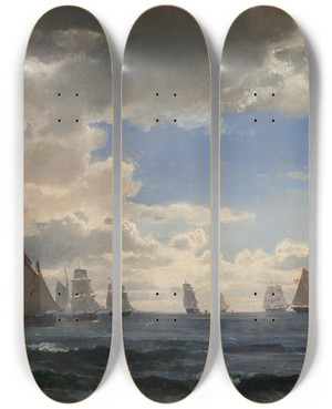 Triptych art skateboard deck of Carl Frederik Srensen Sailing Ships In The Sound South Of Kronborg by Carl Frederik Sorensen (1818-1879)