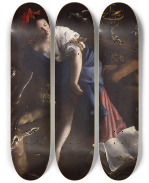 Triptych art skateboard deck of Bartolomeo Guidobono The Sorceress by Bartolomeo Guidobono (1654-1709)
