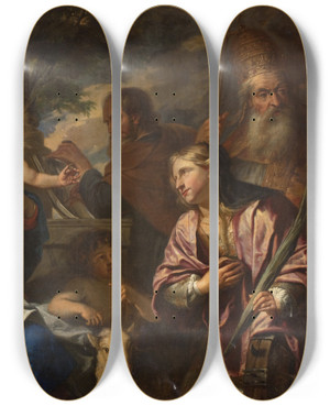 Triptych art skateboard deck of Pieter Thijs The Mystic Marriage Of St Catherine by Pieter Thijs (1624-1677)