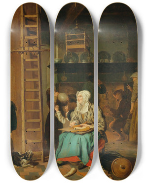 Triptych art skateboard deck of Jan Josef Horemans The Elder A Kitchen Interior by Jan Josef Horemans The Elder (1682-1759)