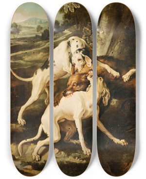 Triptych art skateboard deck of Alexandre Franois Desportes The Wolf Hunt by Alexandre Francois Desportes (1661-1743)