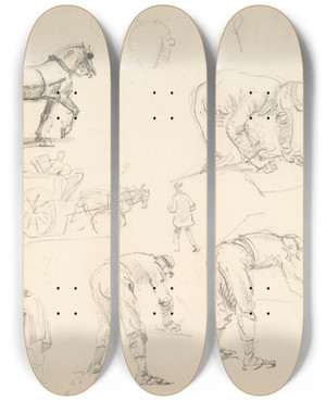 Triptych art skateboard deck of Isidore Pils Studies Of Soldiers And Cart Horses by Isidore Pils (1815-1875)