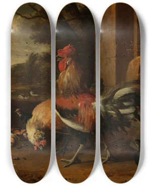 Triptych art skateboard deck of Melchior Dhondecoeter A Poultry Yard_2 by Melchior d'Hondecoeter (1636-1695)