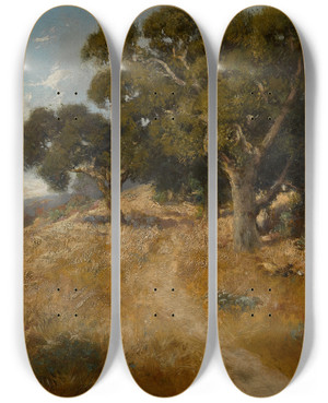 Triptych art skateboard deck of William Keith Path Through California Oaks by William Keith (1838-1911)