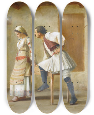 Triptych art skateboard deck of Theodoros Ralli Flirtation by Theodoros Ralli (1852-1909)