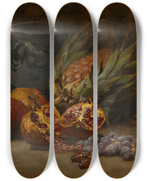 Triptych art skateboard deck of Henri Saintin A Still Life With Pomegranates And Pineapple by Henri Saintin (1846-1896)