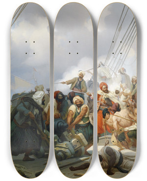 Triptych art skateboard deck of Niels Simonsen Seegefecht by Niels Simonsen (1807-1885)