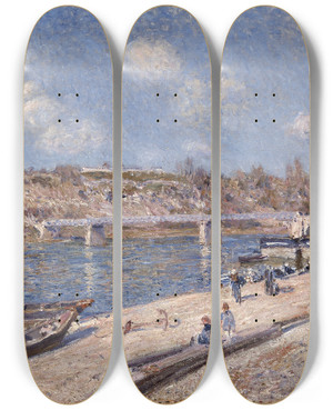 Triptych art skateboard deck of Alfred Sisley The Beach At Saintmamms by Alfred Sisley (1840-1899)
