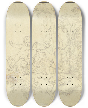 Triptych art skateboard deck of Christian Wilhelm Ernst Dietrich Sieben Spielende Putten Unter Einem Baum by Christian Wilhelm Ernst Dietrich (1712-1774)