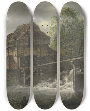 Triptych art skateboard deck of Johann Friedrich Morgenstern Water Mill by Johann Friedrich Morgenstern (1777-1844)