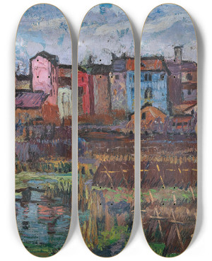 Triptych art skateboard deck of Stephanie Hollenstein Italienische Landschaft by Stephanie Hollenstein (1886-1944)