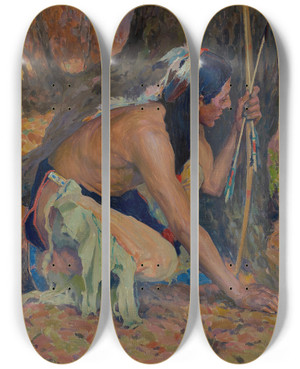 Triptych art skateboard deck of Eanger Irving Couse The Turkey Hunter by Eanger Irving Couse (1866-1936)