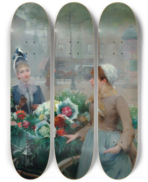 Triptych art skateboard deck of Louis Marie De Schryver The Flower Market by Louis Marie De Schryver (1862-1942)