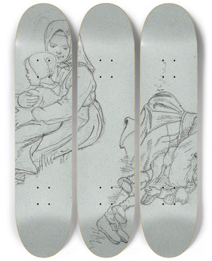 Triptych art skateboard deck of Wilhelm Marstrand To Studier Af Svensk Pige Med Et Barn P Skdet by Wilhelm Marstrand (1810-1873)