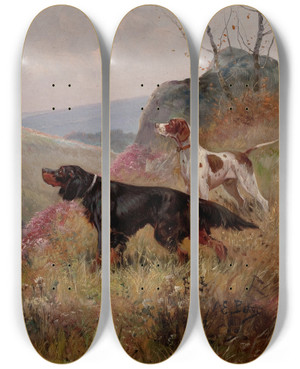 Triptych art skateboard deck of Eugene Petit Landscape With Pointer And Setter by Eugene Petit (1839-1886)