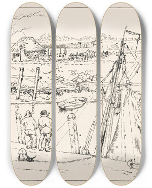 Triptych art skateboard deck of Johannes Frederik Engelbert Ten Klooster De Haven Te Veere_2 by Johannes Frederik Engelbert Ten Klooster (1873-1940)