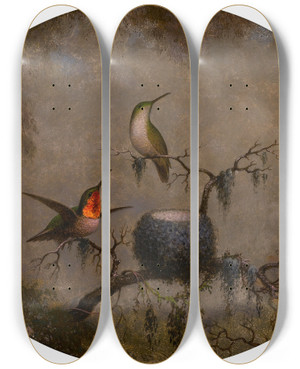 Triptych art skateboard deck of Martin Johnson Heade Hummingbirds And Their Nest by Martin Johnson Heade (1819-1904)