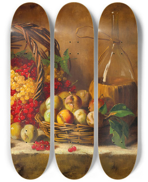Triptych art skateboard deck of Arthuralfred Brunel De Neuville Still Life With Currants And Plums by Arthur-Alfred Brunel de Neuville (1852-1941)