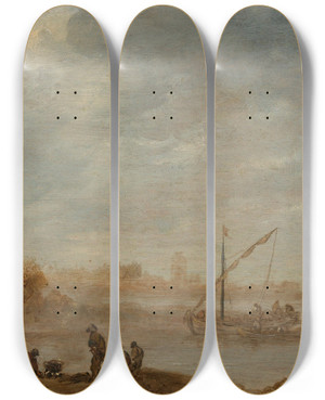Triptych art skateboard deck of Jan Van Goyen A River Landscape With The Ruins Of Merwede by Jan Van Goyen (1596-1656)