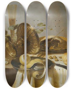 Triptych art skateboard deck of Adriaen Jansz Kraen Still Life With A Pie A Halfpeeled Lemon Bread Hazelnuts Grapes A Glass And An Overturned Tazza Ona Table by Adriaen Jansz Kraen (1619-1679)
