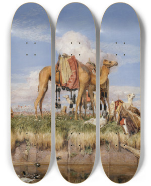 Triptych art skateboard deck of John Frederick Lewis On The Banks Of The Nile Upper Egypt by John Frederick Lewis (1805-1876)