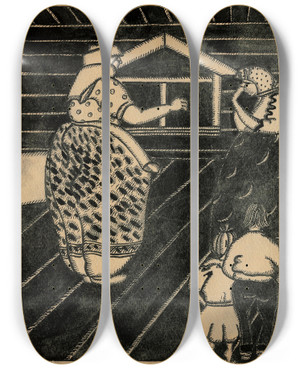 Triptych art skateboard deck of Boris Grigoriev Matchmaking Choosing A Groom by Boris Grigoriev (1886-1939)
