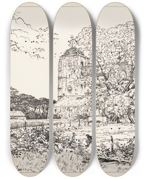 Triptych art skateboard deck of Johannes Frederik Engelbert Ten Klooster De Grote Kerk Te Veere by Johannes Frederik Engelbert Ten Klooster (1873-1940)