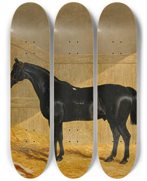 Triptych art skateboard deck of John Frederick Herring Snr Black Horse In A Stable by John Frederick Herring Snr (1795-1865)