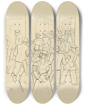 Triptych art skateboard deck of Karl Wiener Ohne Titel Passanten by Karl Wiener (1901-1949)