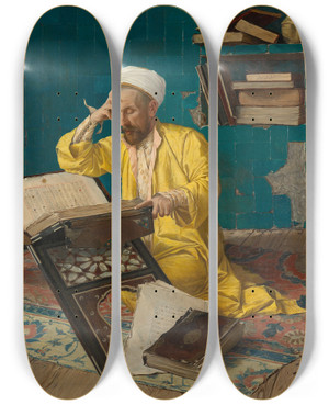 Triptych art skateboard deck of Osman Hamdi Bey Islamic Theologian With Quran by Osman Hamdi Bey (1842-1910)